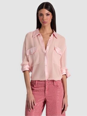 Alice + Olivia Pale Blush Satin-Trim Button Down Blouse